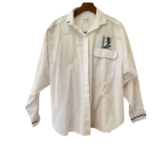 Henri James women’s L vintage 90s white button up embroidered R floral crochet - Picture 1 of 5